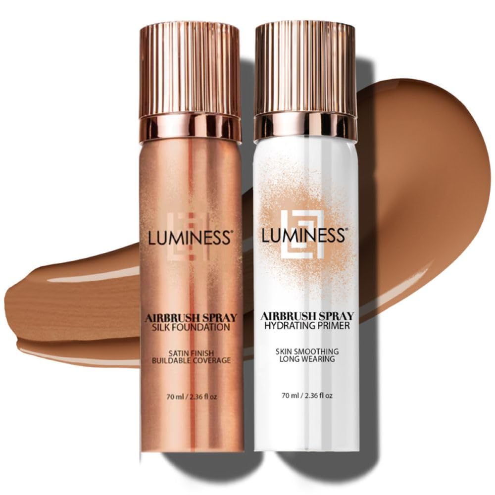 LUMINESS Silk Airbrush Spray Foundation & Primer Kit – Tan | Hydration with Hyaluronic Acid & Hydrolyzed Silk