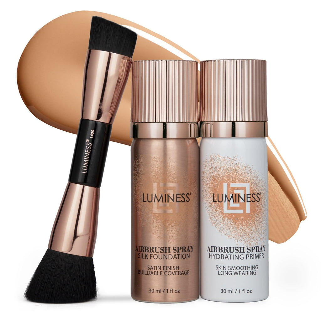 LUMINESS Silk Airbrush Spray Foundation 3-Piece Kit – Medium Warm, Buildable Coverage, Hydration, Humidity-Resistant