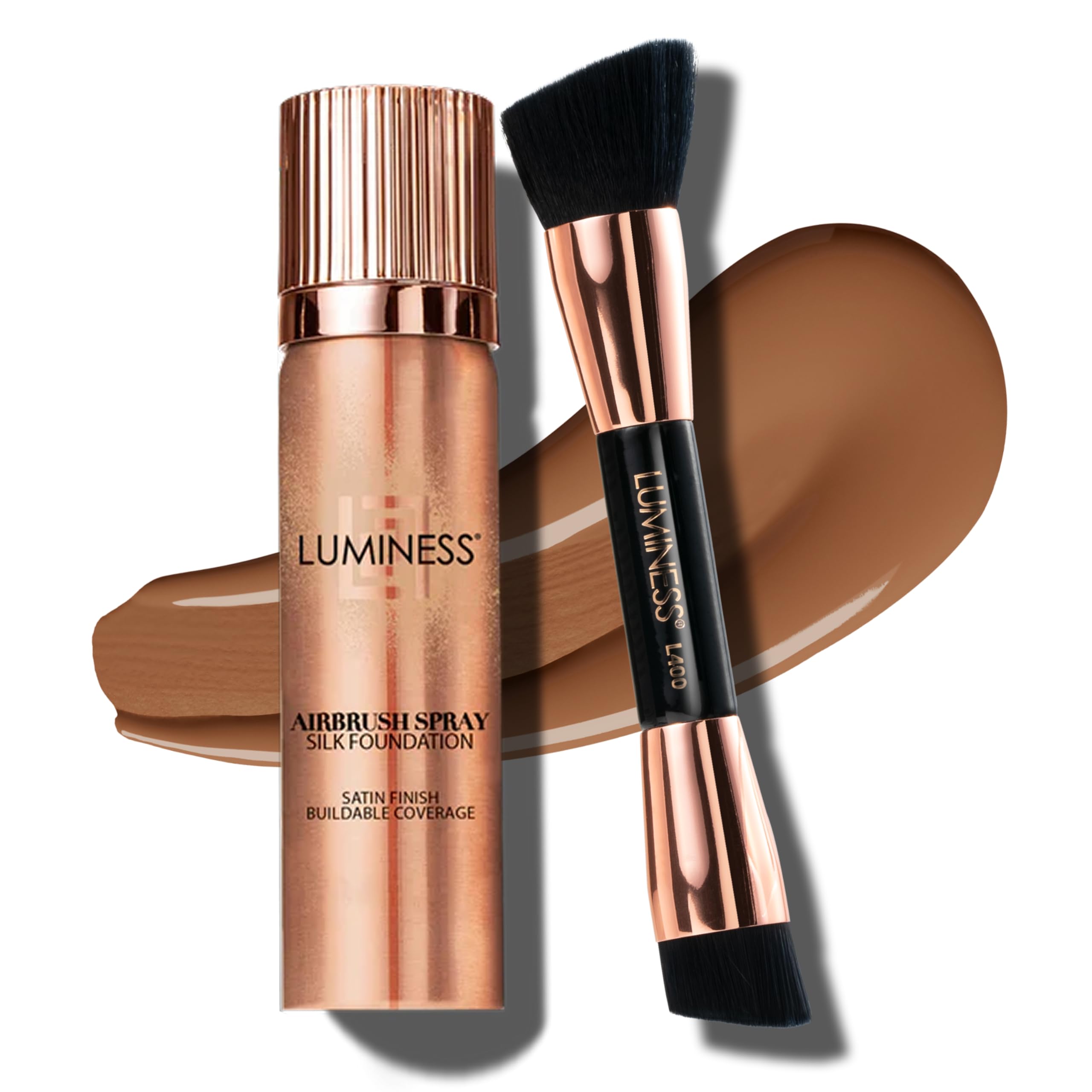 LUMINESS Silk Airbrush Foundation and Buffing Brush Kit – Buildable Coverage, Hydration, Shade Tan Dark