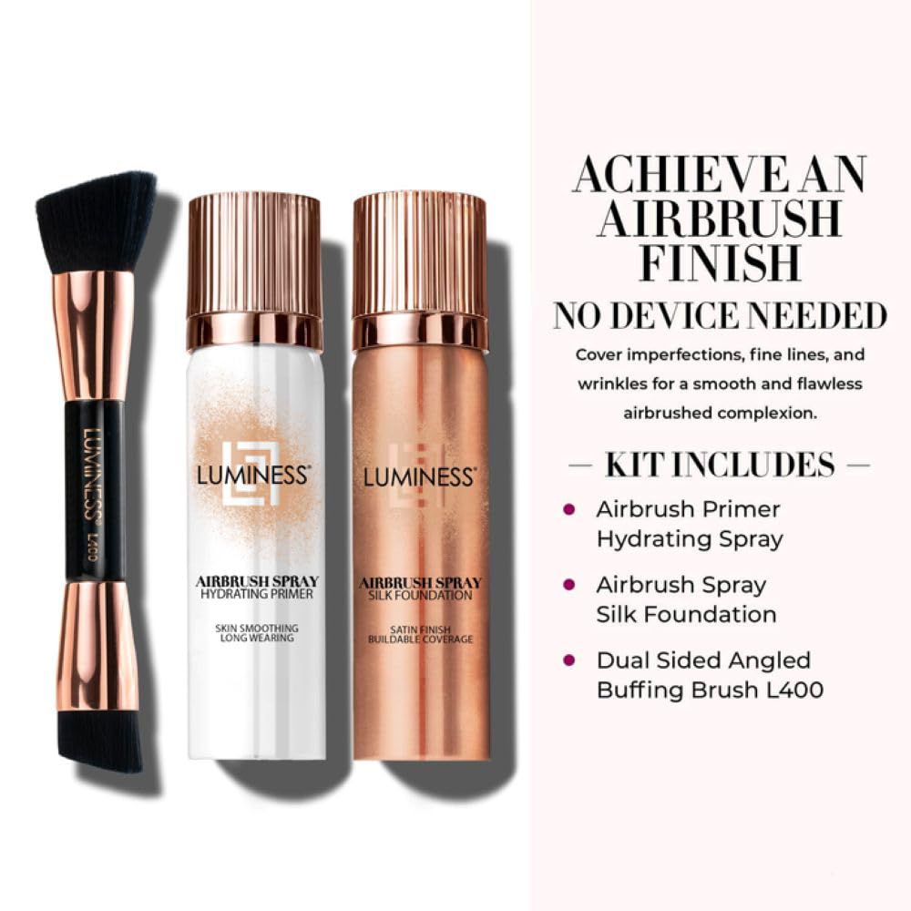 LUMINESS Airbrush Spray Silk Foundation Starter Kit - Light Warm | Hydrating Primer, Buildable Coverage, Brush