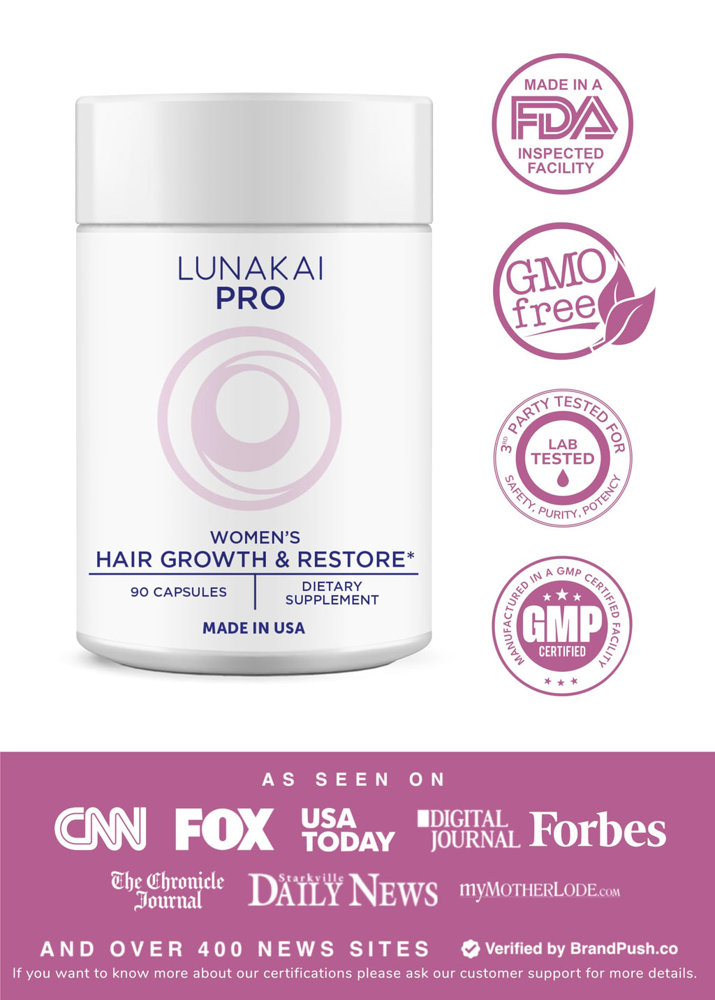 Lunakai PRO: USA-Made Women’s Hair Growth Vitamins – 90 Count