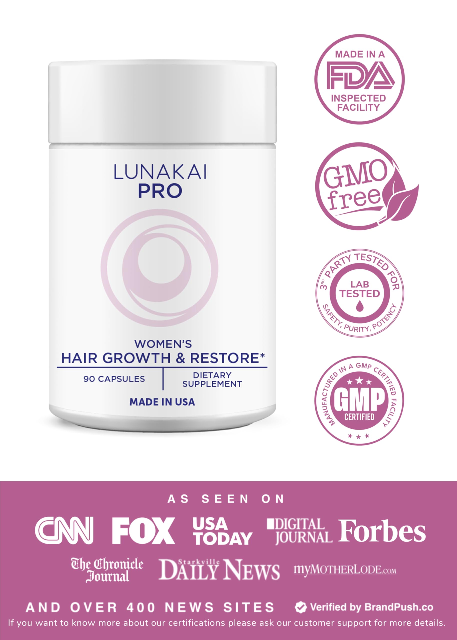 Lunakai PRO: USA-Made Women’s Hair Growth Vitamins – 90 Count