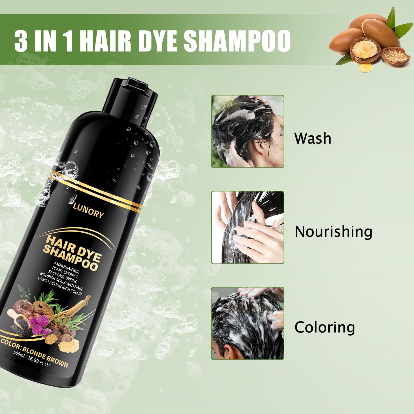 Lunory Blonde Brown Hair Dye Shampoo – Gray Coverage, 3-in-1 Color Shampoo (Argan Oil & Ginseng) 500ml
