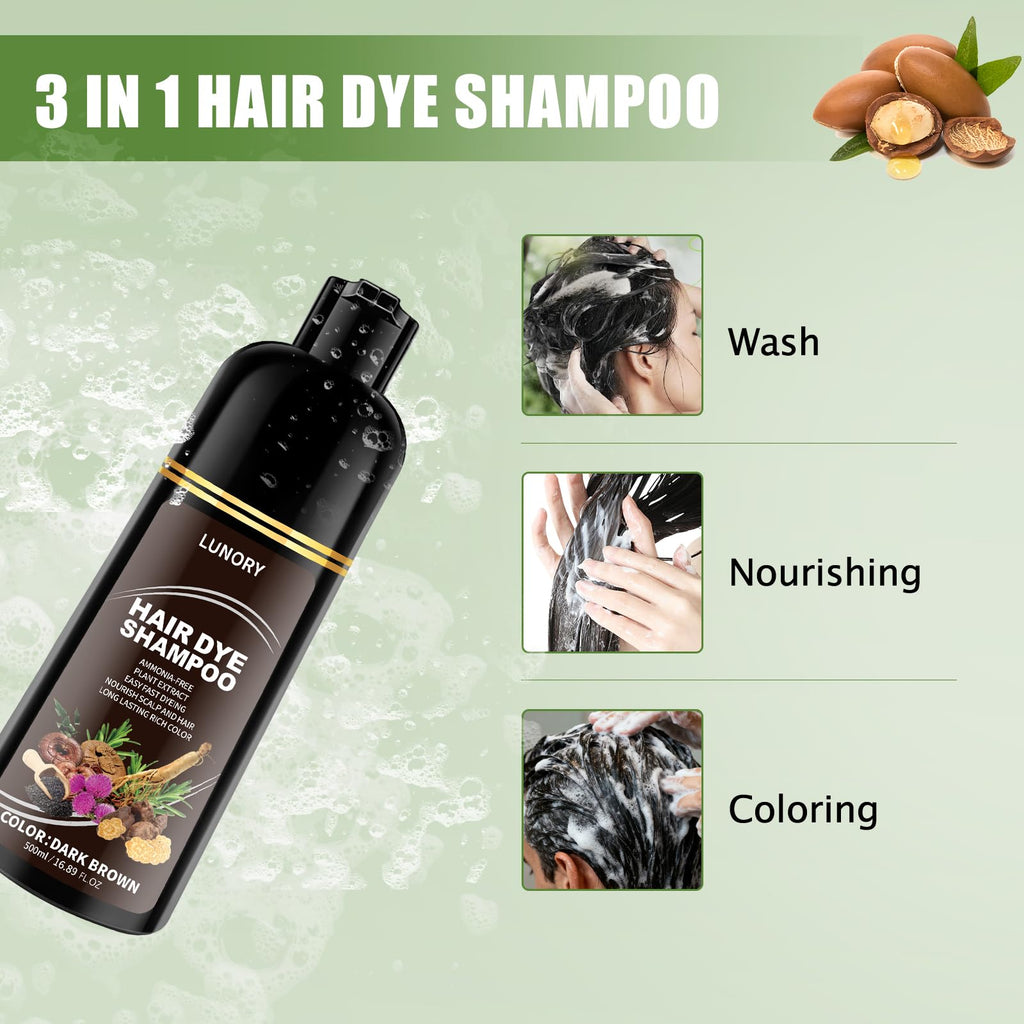 Lunory Dark Brown Hair Dye Shampoo – 3 in 1 Color with Argan Oil & Ginseng, Ammonia & Paraben Free, 500ml