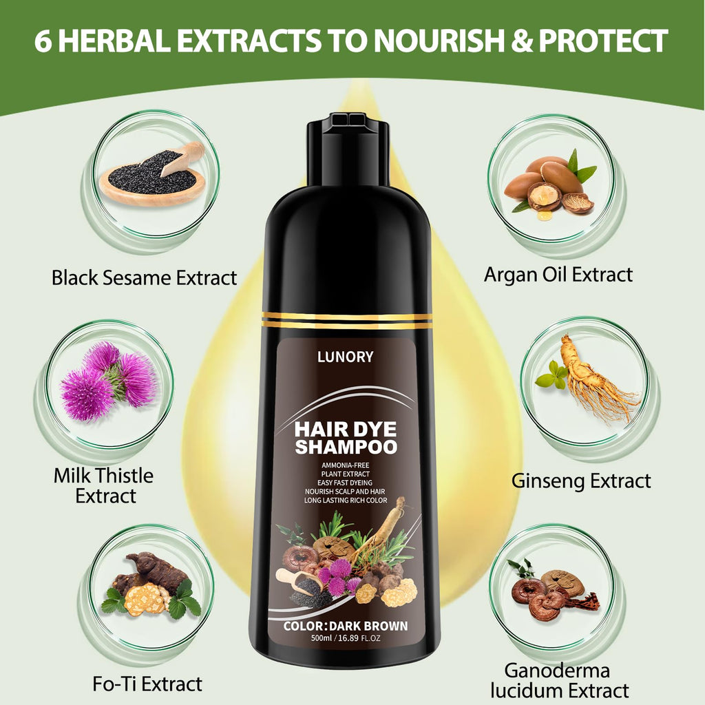 Lunory Dark Brown Hair Dye Shampoo – 3 in 1 Color with Argan Oil & Ginseng, Ammonia & Paraben Free, 500ml