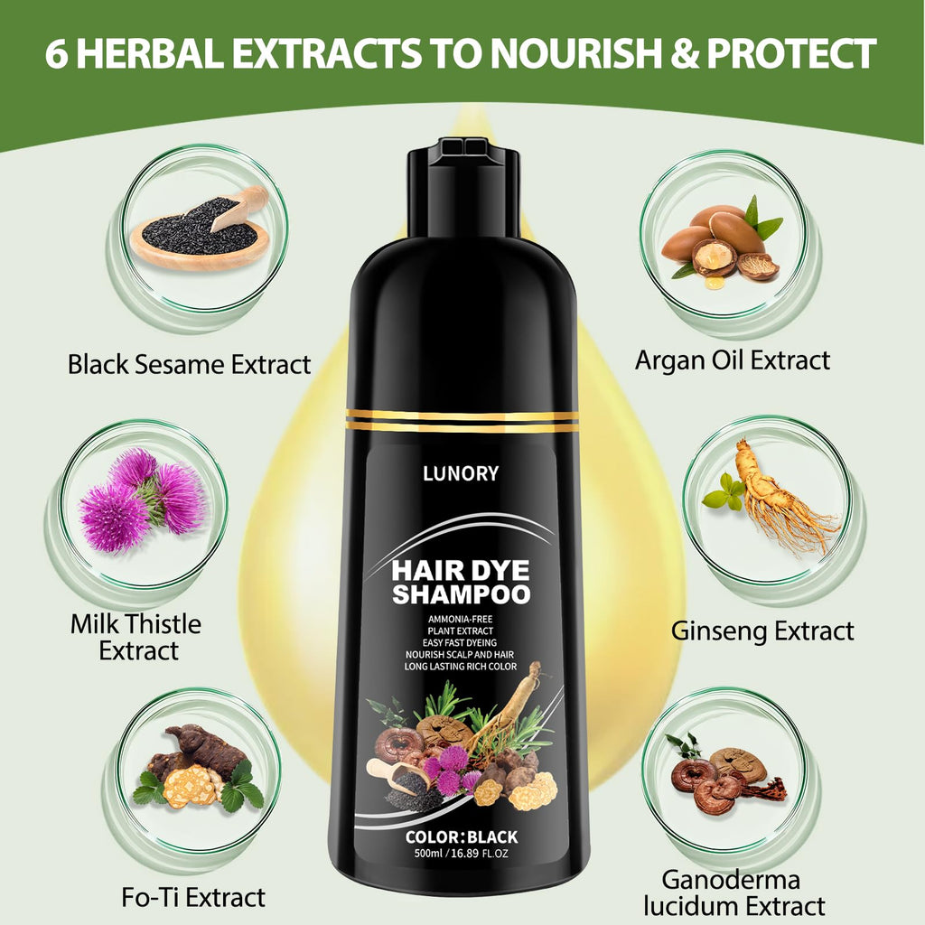 Lunory Black Hair Dye Shampoo – 3-in-1 Color, 100% Gray Coverage, Ammonia & Paraben Free (500ml)