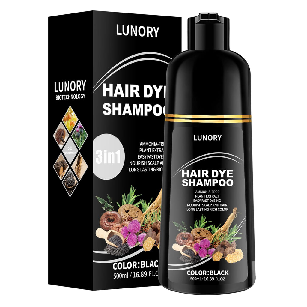 Lunory Black Hair Dye Shampoo – 3-in-1 Color, 100% Gray Coverage, Ammonia & Paraben Free (500ml)
