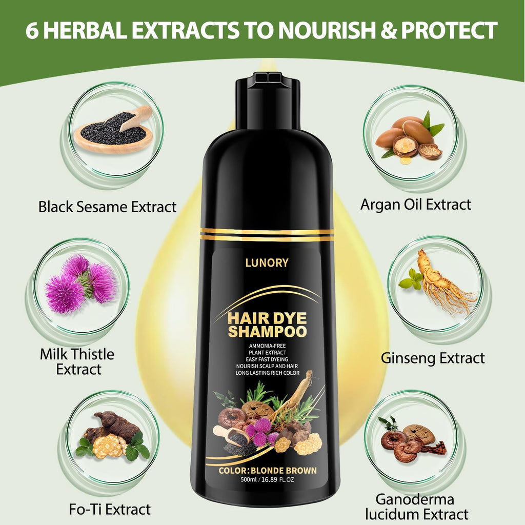 Lunory Blonde Brown Hair Dye Shampoo – Gray Coverage, 3-in-1 Color Shampoo (Argan Oil & Ginseng) 500ml