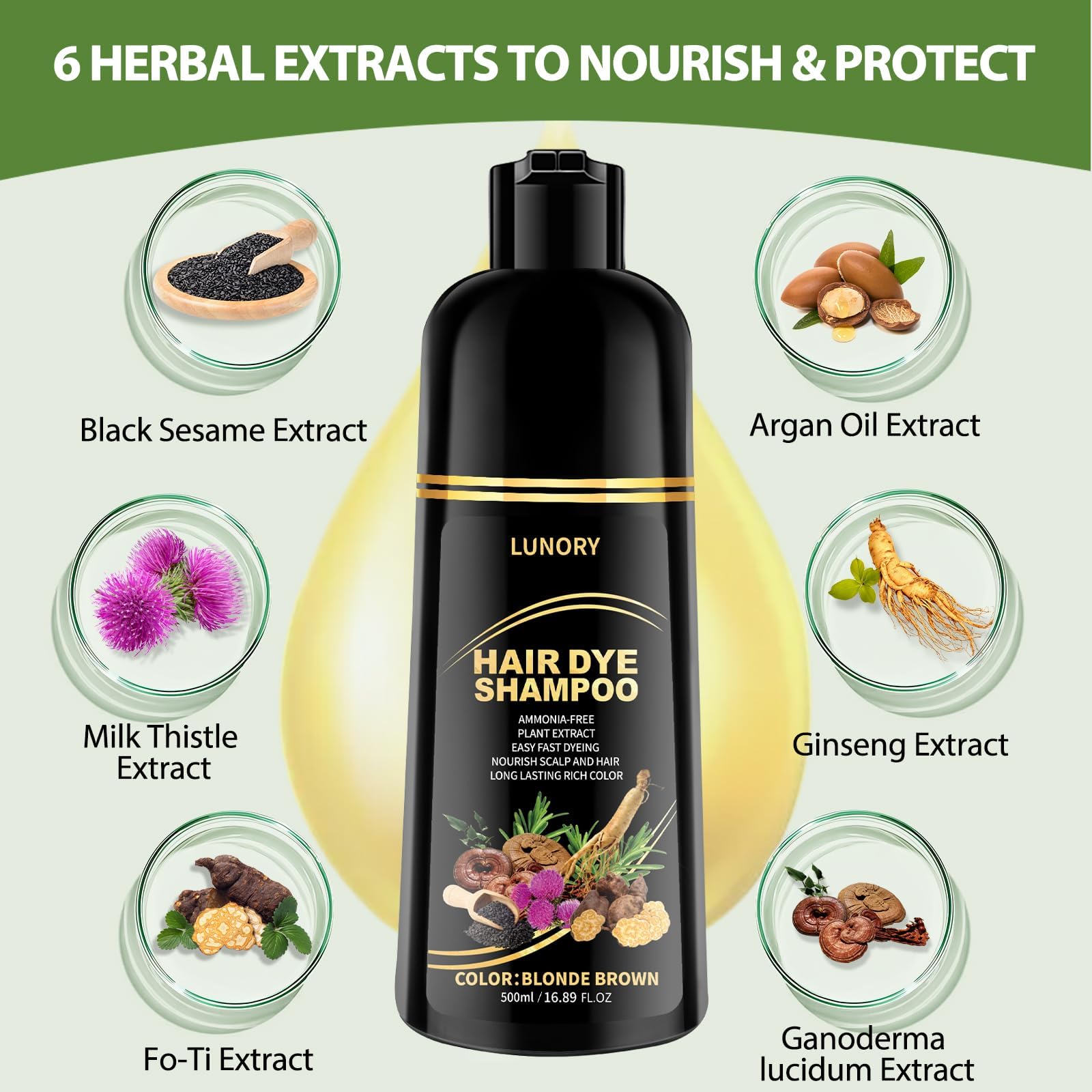 Lunory Blonde Brown Hair Dye Shampoo – Gray Coverage, 3-in-1 Color Shampoo (Argan Oil & Ginseng) 500ml