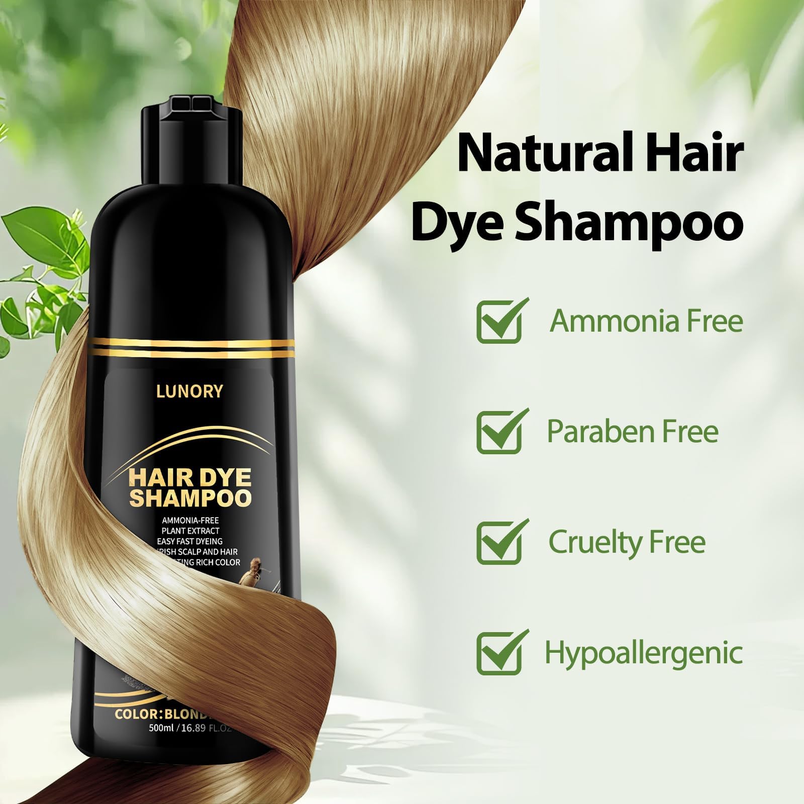 Lunory Blonde Brown Hair Dye Shampoo – Gray Coverage, 3-in-1 Color Shampoo (Argan Oil & Ginseng) 500ml