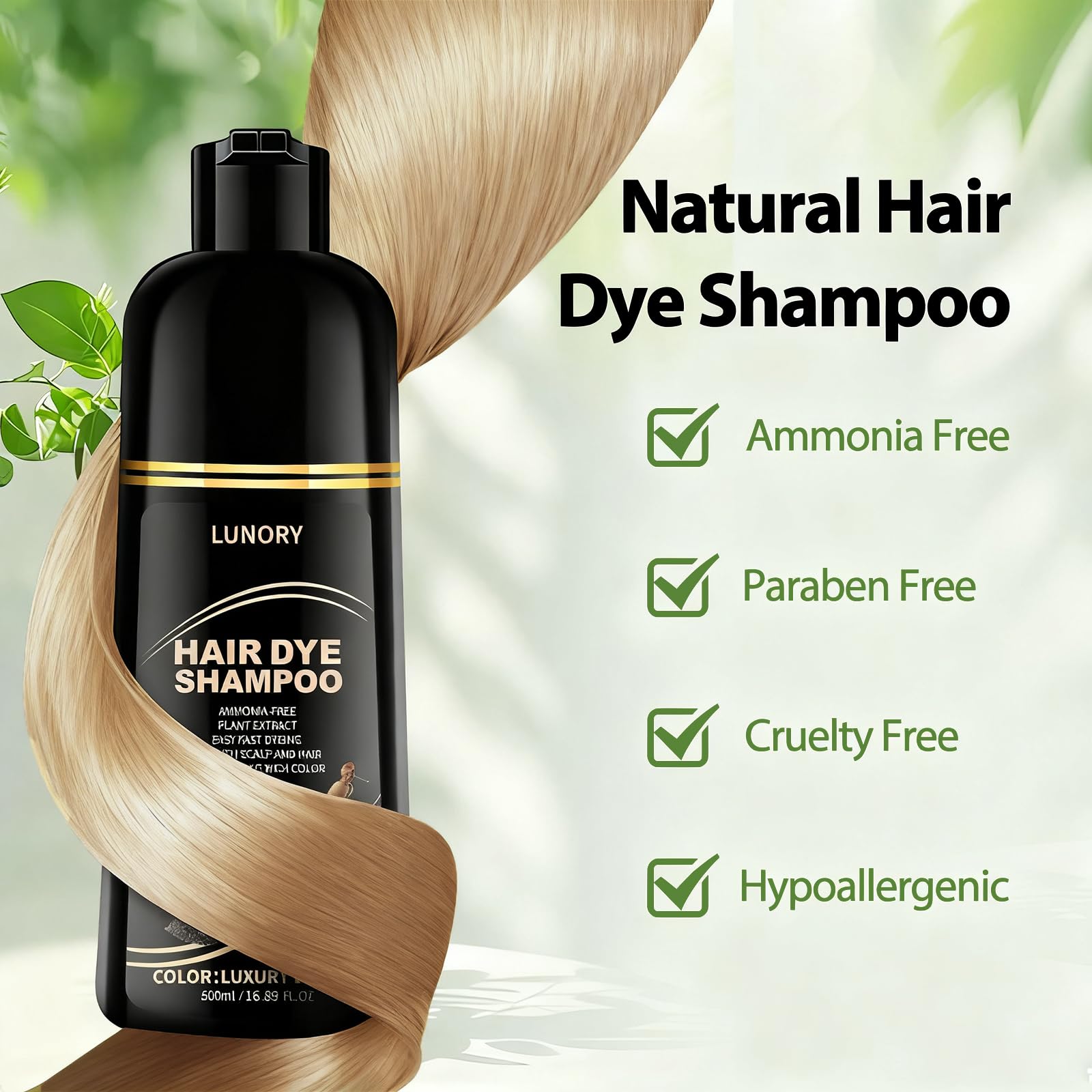 Lunory Light Blonde Hair Dye Shampoo for Gray Coverage – 3 in 1 Color, Argan Oil & Ginseng, 500ml