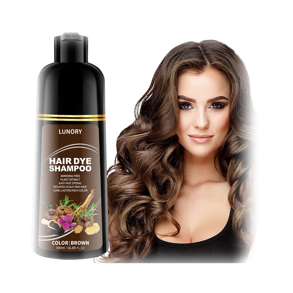 Lunory Brown Hair Dye Shampoo – 3-in-1 Gray Coverage, Argan Oil & Ginseng, Ammonia-Free (500ml)