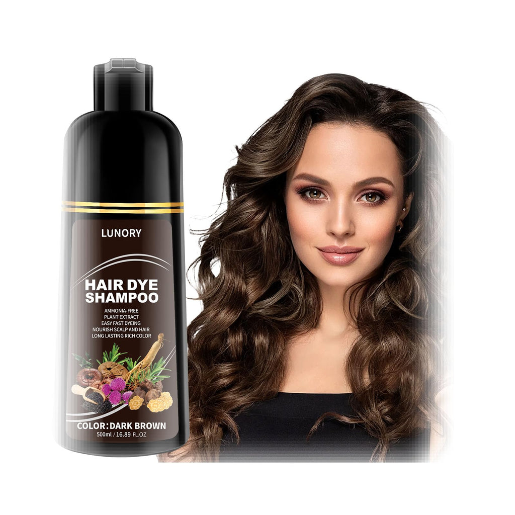 Lunory Dark Brown Hair Dye Shampoo – 3 in 1 Color with Argan Oil & Ginseng, Ammonia & Paraben Free, 500ml