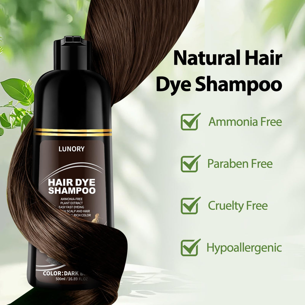 Lunory Dark Brown Hair Dye Shampoo – 3 in 1 Color with Argan Oil & Ginseng, Ammonia & Paraben Free, 500ml