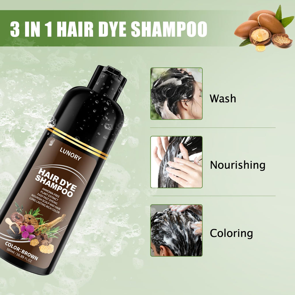 Lunory Brown Hair Dye Shampoo – 3-in-1 Gray Coverage, Argan Oil & Ginseng, Ammonia-Free (500ml)