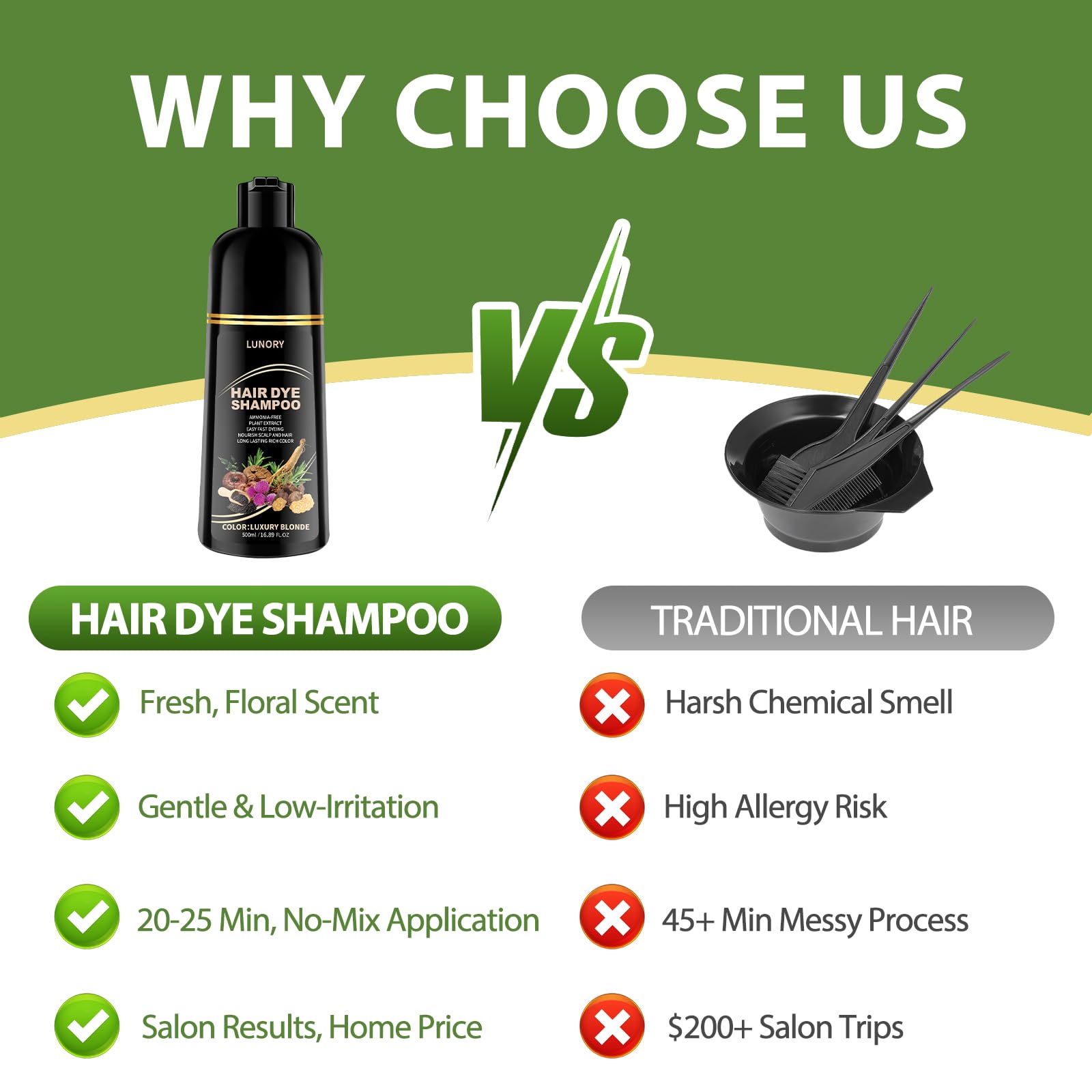 Lunory Light Blonde Hair Dye Shampoo for Gray Coverage – 3 in 1 Color, Argan Oil & Ginseng, 500ml