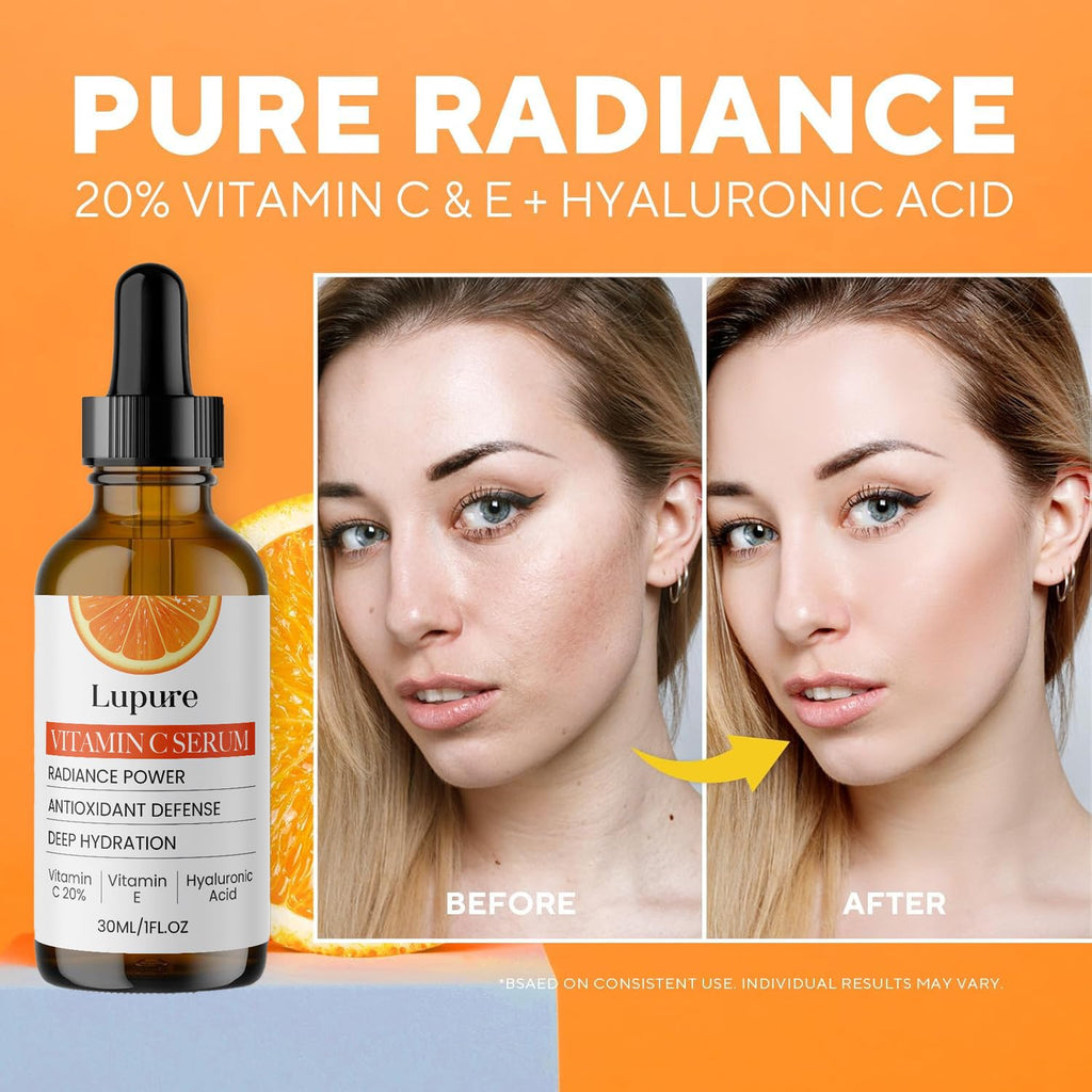Lupure Professional Vitamin C Serum 20% - Hyaluronic Acid & Vitamin E for Brightening | 1 oz