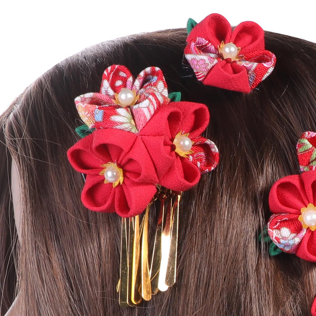 Lurrose 3pc Japanese Kimono Flower Hair Clips – Tassel Hairpins, Red