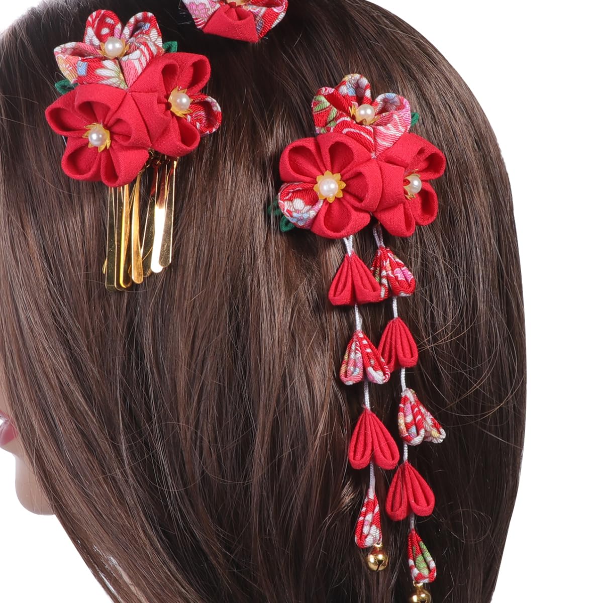 Lurrose 3pc Japanese Kimono Flower Hair Clips – Tassel Hairpins, Red