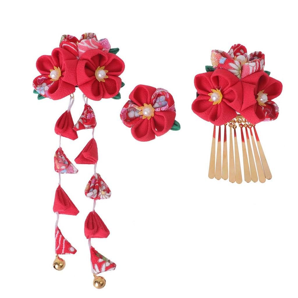 Lurrose 3pc Japanese Kimono Flower Hair Clips – Tassel Hairpins, Red