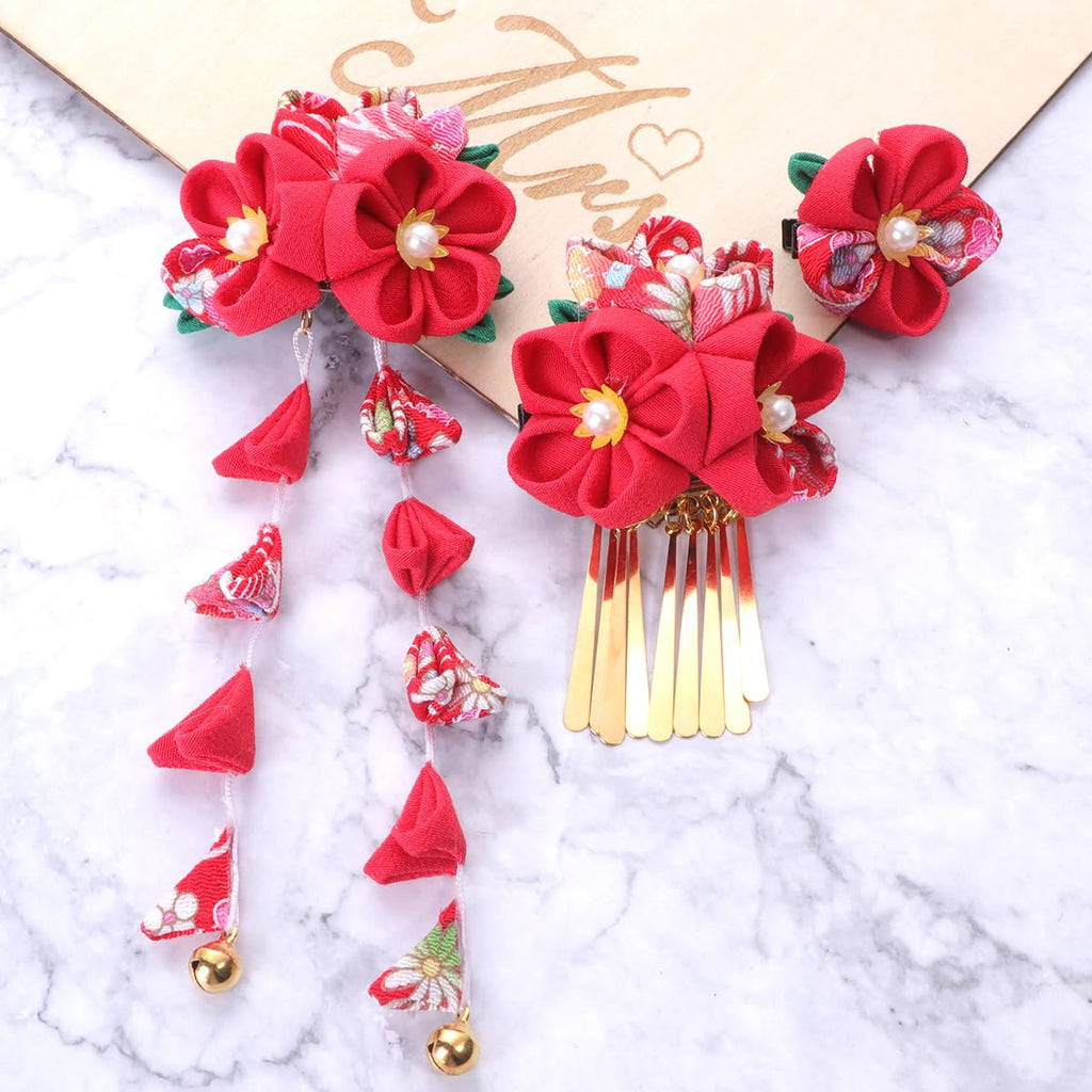 Lurrose 3pc Japanese Kimono Flower Hair Clips – Tassel Hairpins, Red