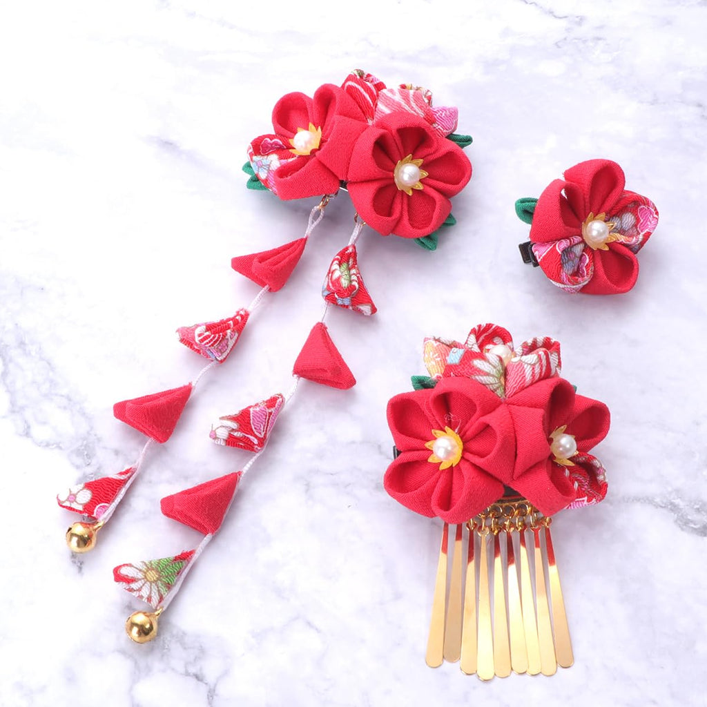 Lurrose 3pc Japanese Kimono Flower Hair Clips – Tassel Hairpins, Red
