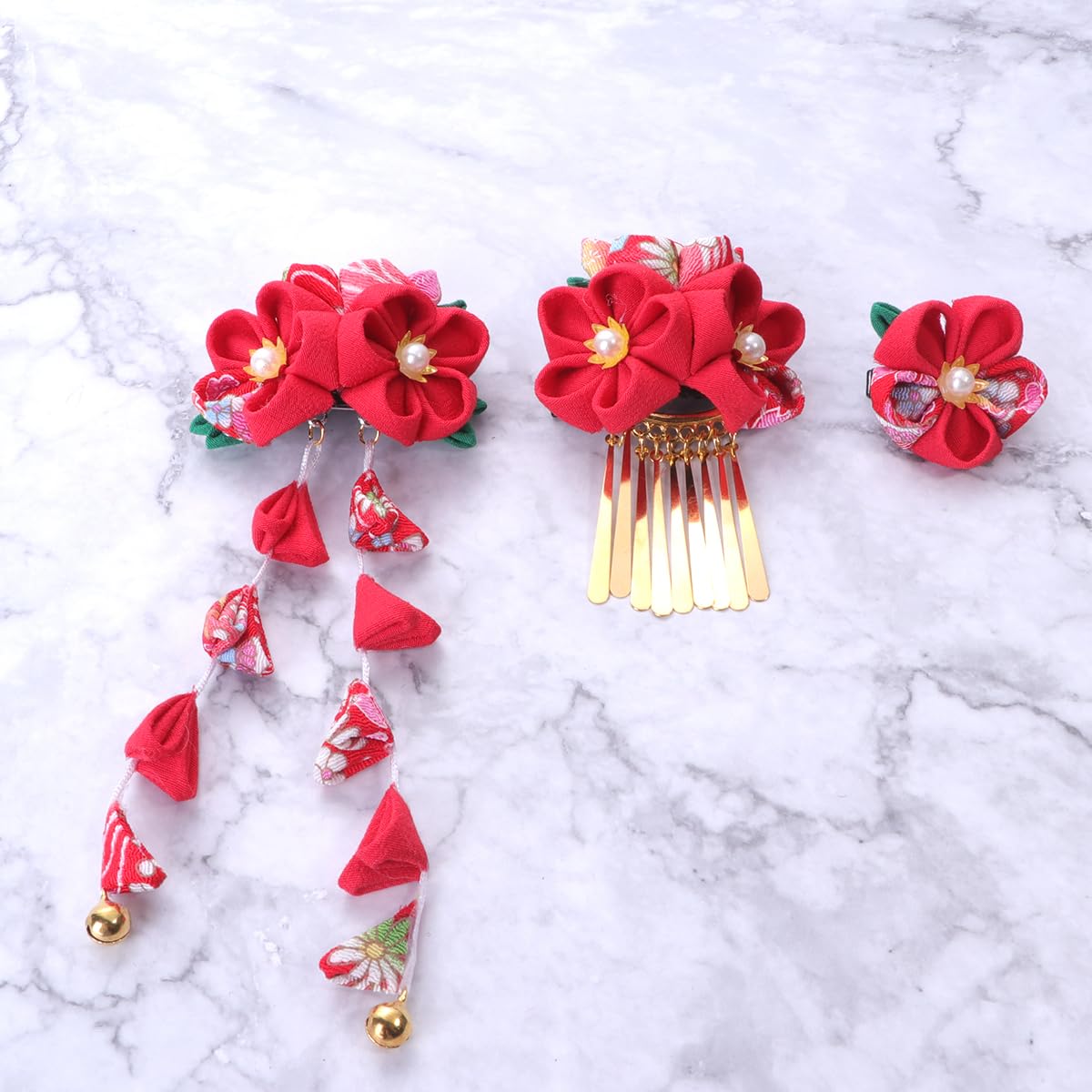 Lurrose 3pc Japanese Kimono Flower Hair Clips – Tassel Hairpins, Red