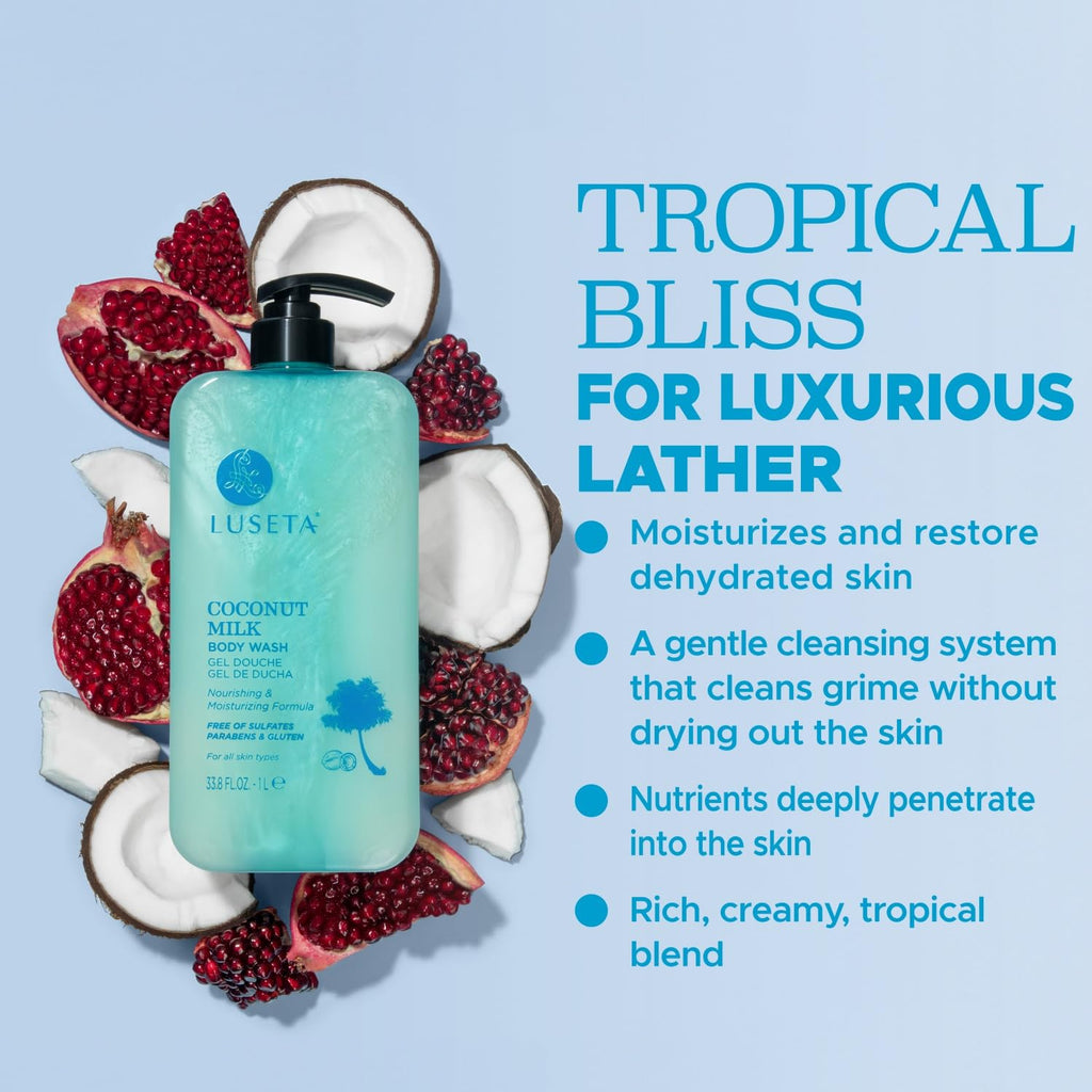 Luseta Coconut Milk Body Wash with Coconut Oil & Pomegranate — Deep Hydration & Gentle Cleansing (33.8oz)