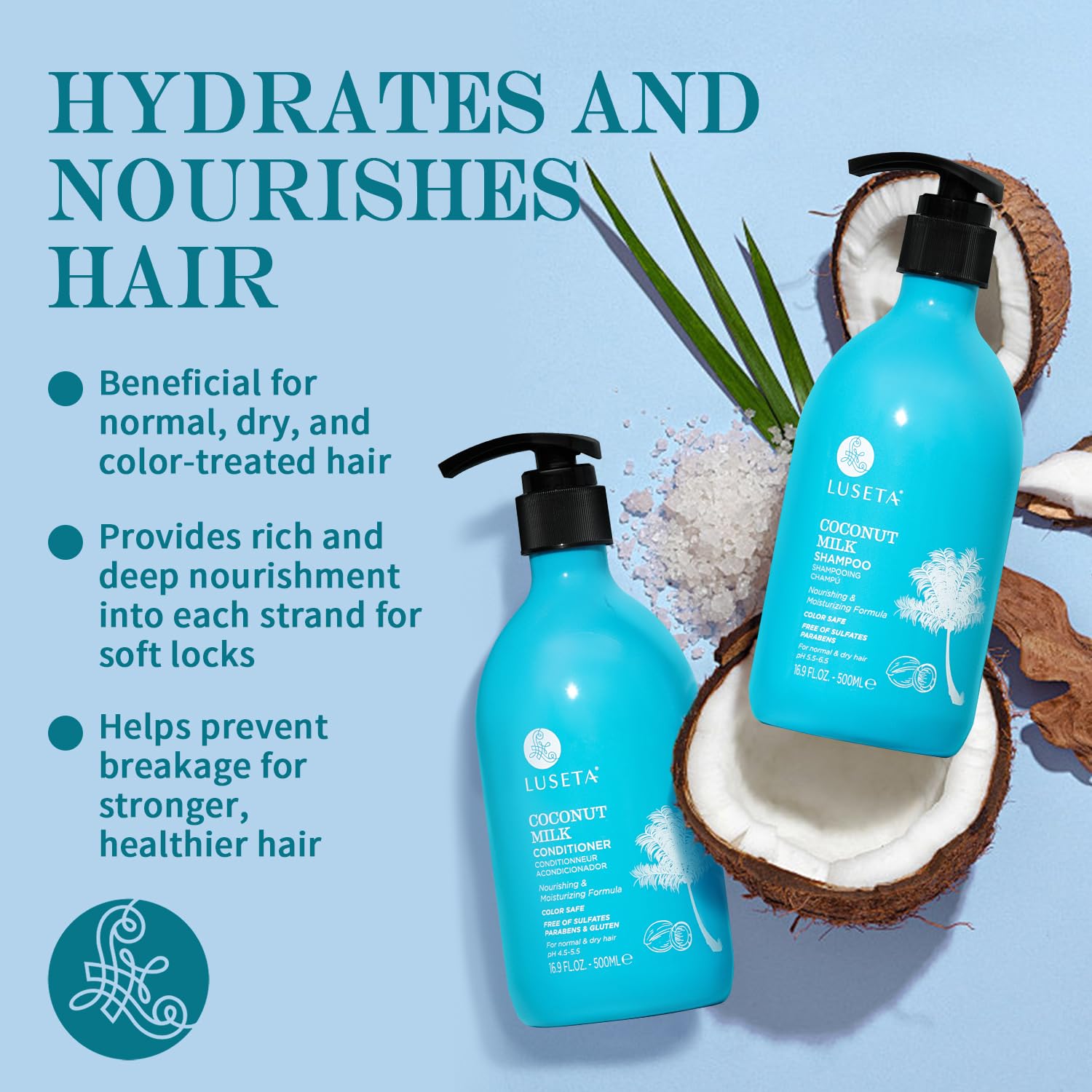 LLUSETA Coconut Milk Shampoo & Conditioner — Nourishing, Color Safe, Sulfate Free (16.9 oz Each)