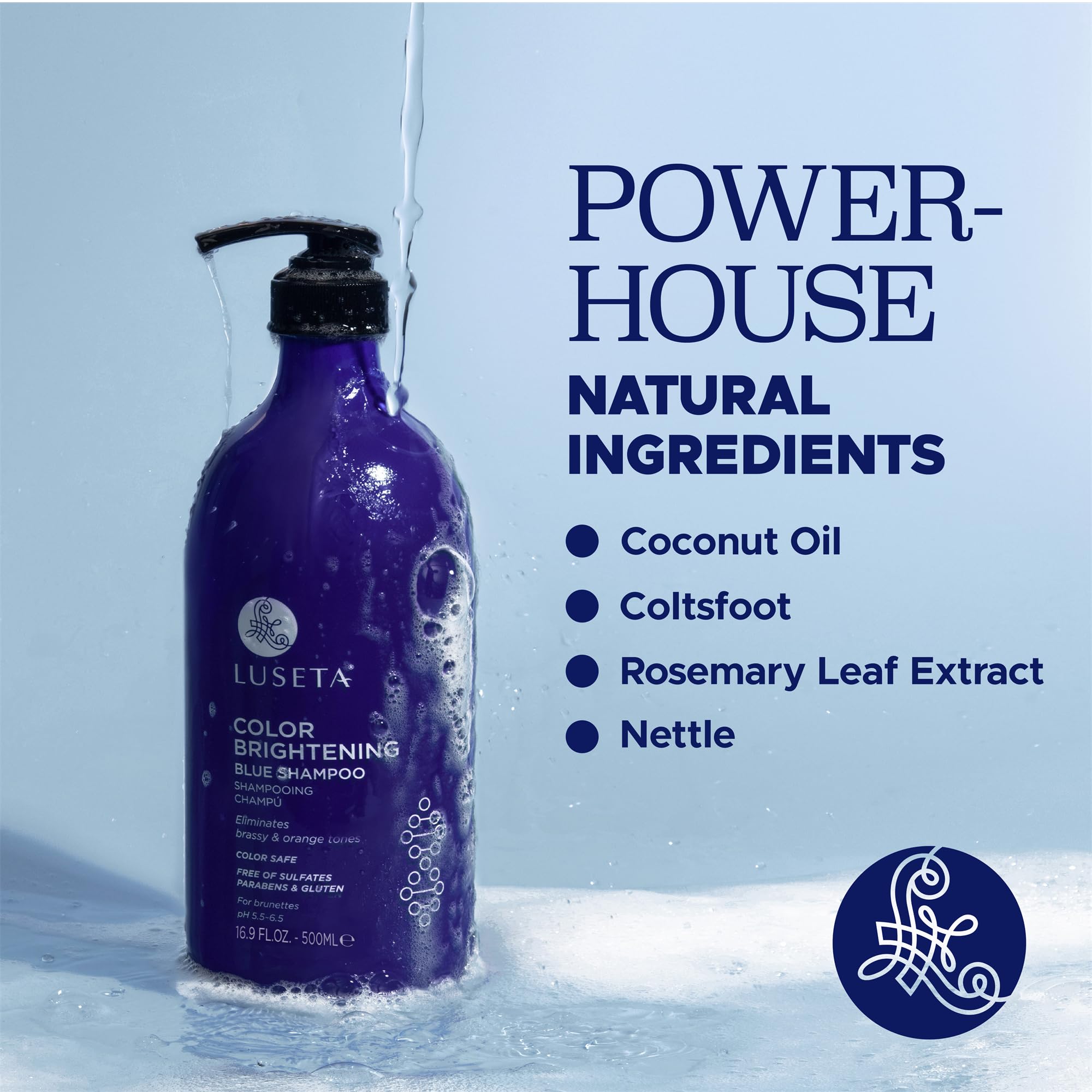 Luseta Color Brightening Blue Shampoo for Brunettes | Neutralizes Brass & Brassy Orange Tones | Sulfate Free 16.9oz