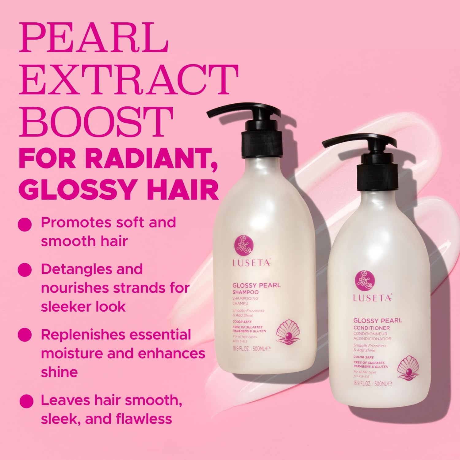 Luseta Glossy Pearl Shampoo & Conditioner Set – Shine, Hydration, Anti-Frizz | Paraben Free, Sulfate Free | 16.9 oz