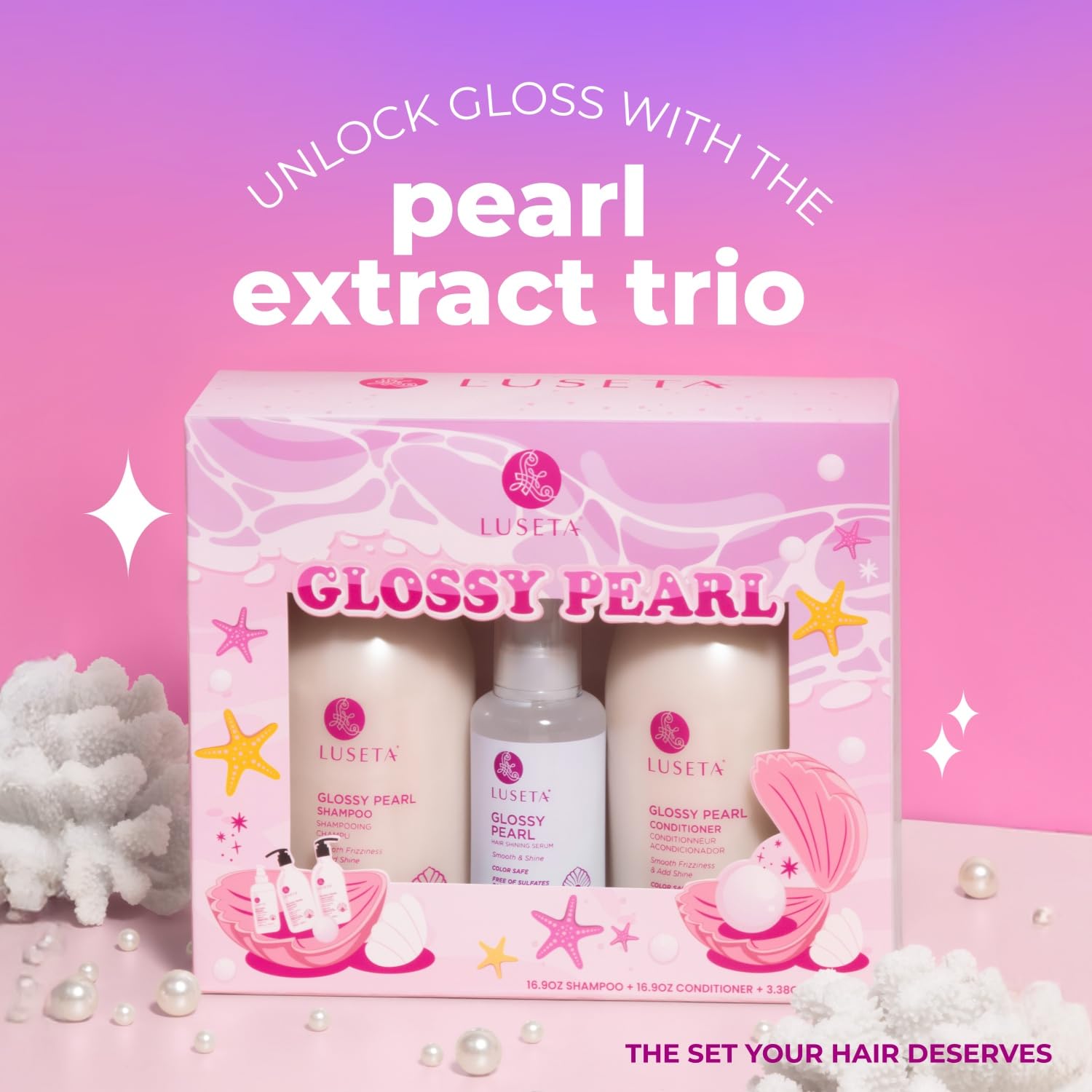 Luseta Glossy Pearl Trio – Smoothing & Hydrating Shampoo, Conditioner & Hair Serum