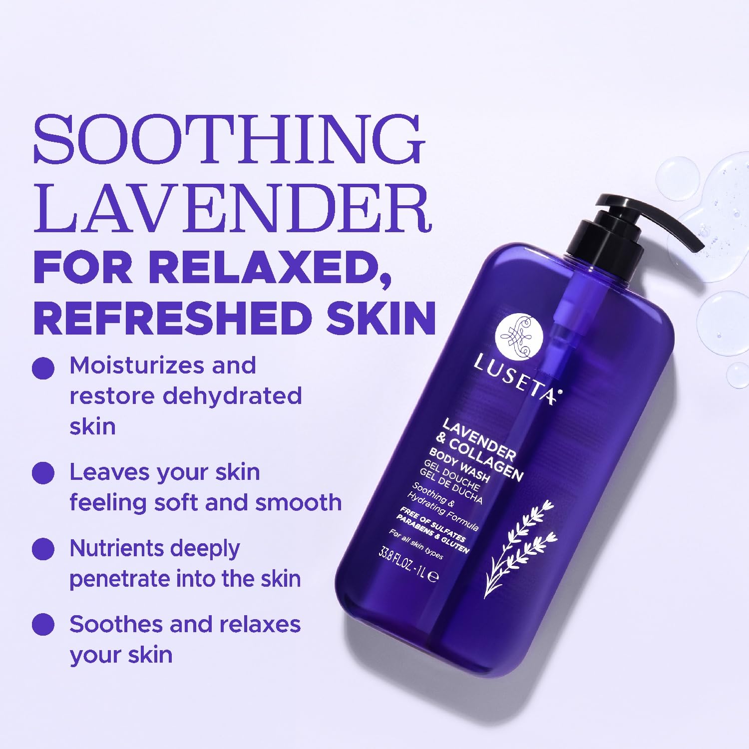 Luseta Lavender & Collagen Body Wash – Hydration, Calming Scent, 33.8oz