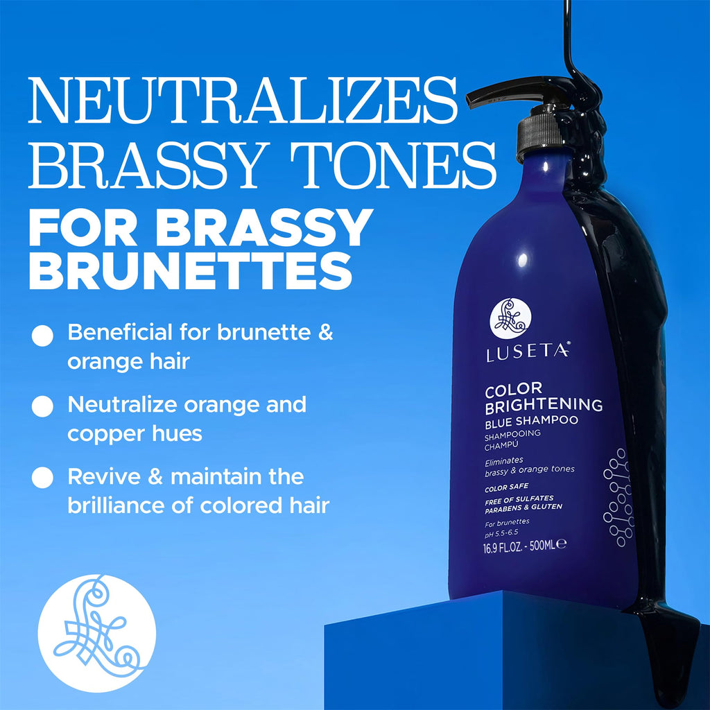 Luseta Color Brightening Blue Shampoo for Brunettes | Neutralizes Brass & Brassy Orange Tones | Sulfate Free 16.9oz