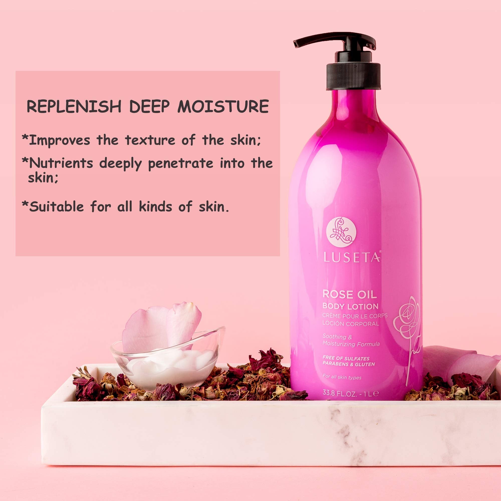 Luseta Rose Scented Body Lotion – 33.8oz, Rosa Rugosa Flower Extract, Sulfate & Paraben Free