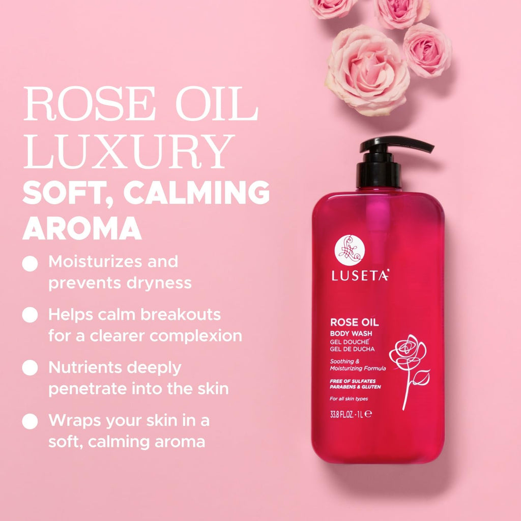 Luseta Rose Oil Body Wash – Hydrating Shower Gel for Dry Skin (Sulfate-Free, 33.8oz)