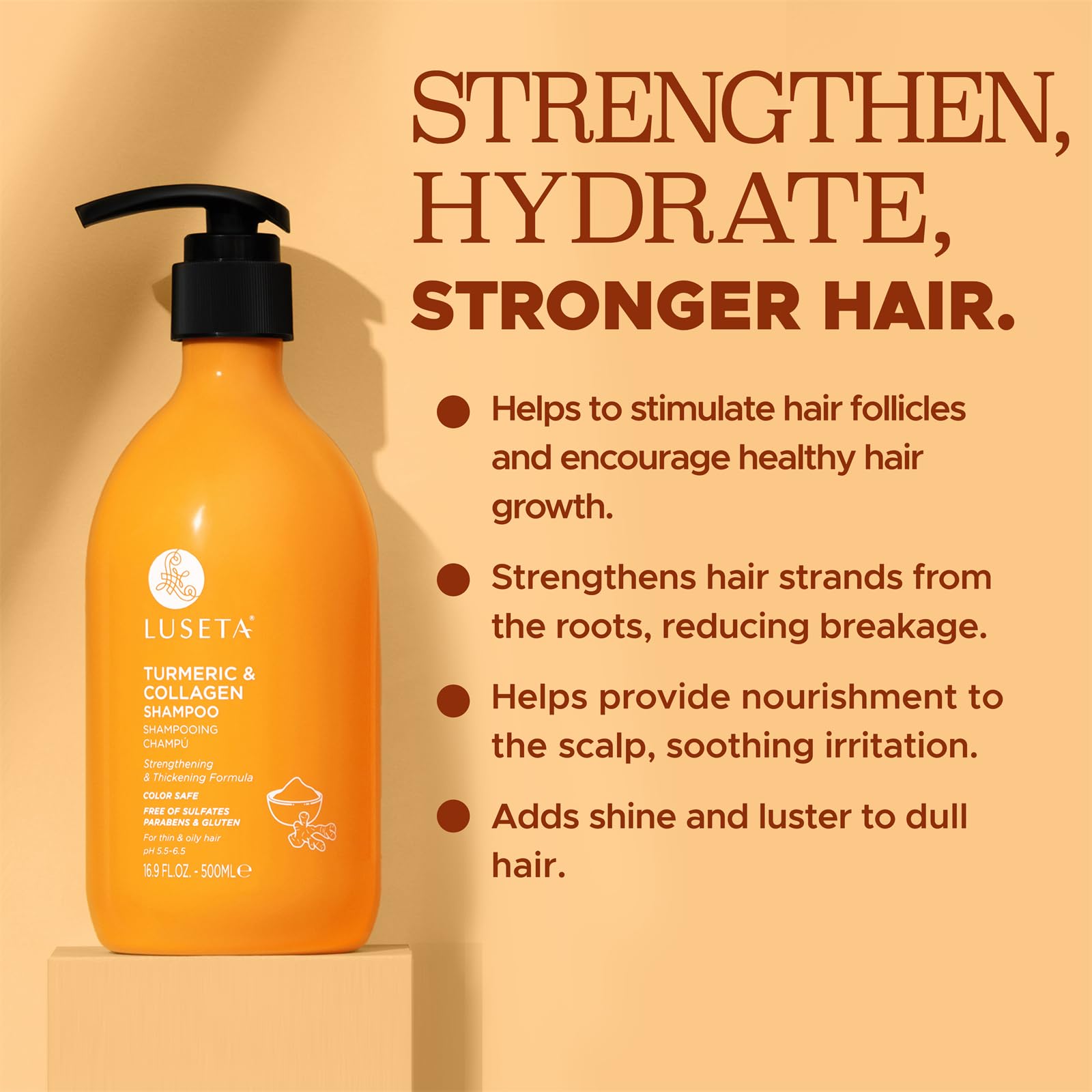 Luseta Hair Growth Shampoo with Turmeric & Collagen | Thickening, Color Safe, Sulfate & Paraben Free 16.9 oz
