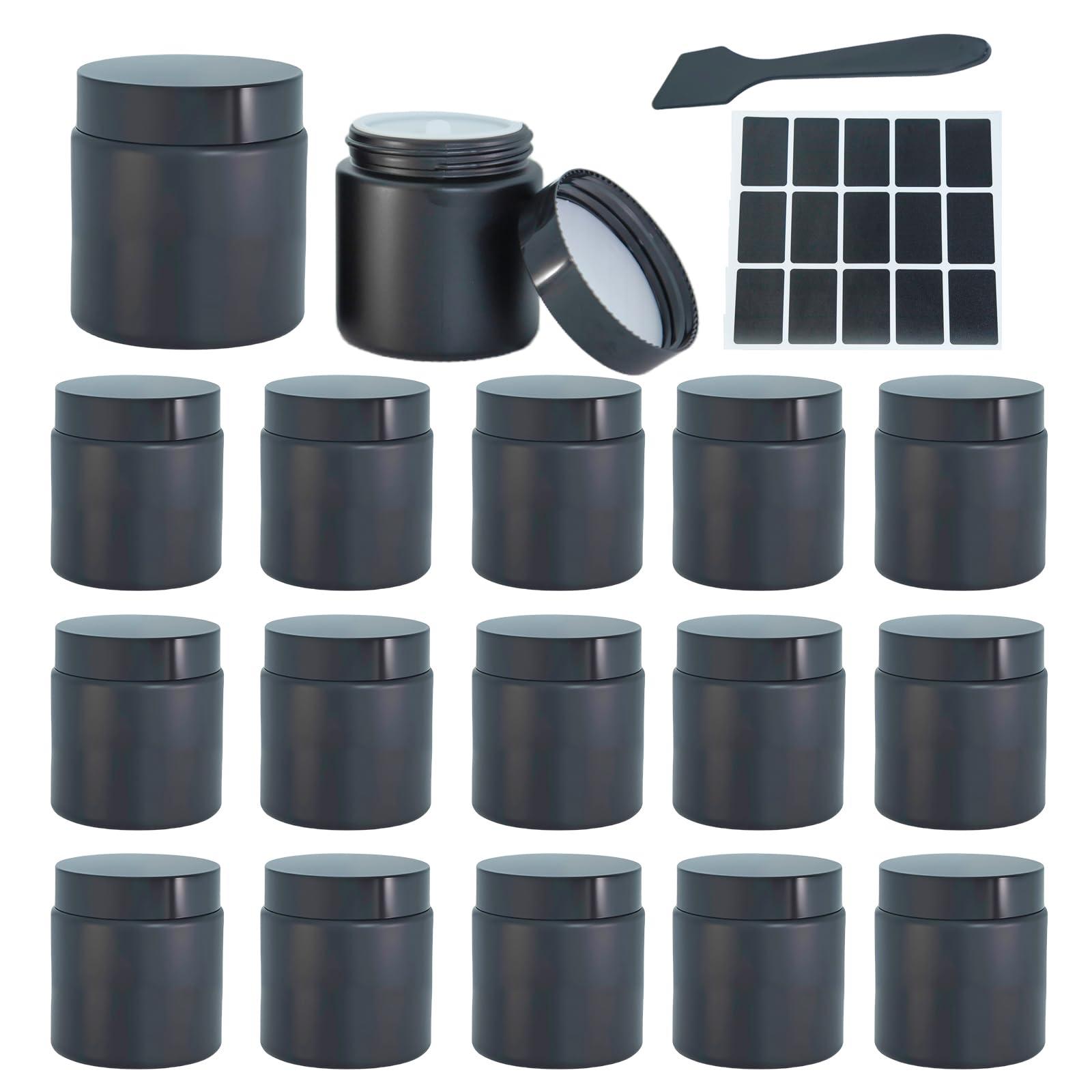 Lustervial 4oz Glass Jars with Lids – 16 Pack Travel Cosmetic Containers, Matte Black
