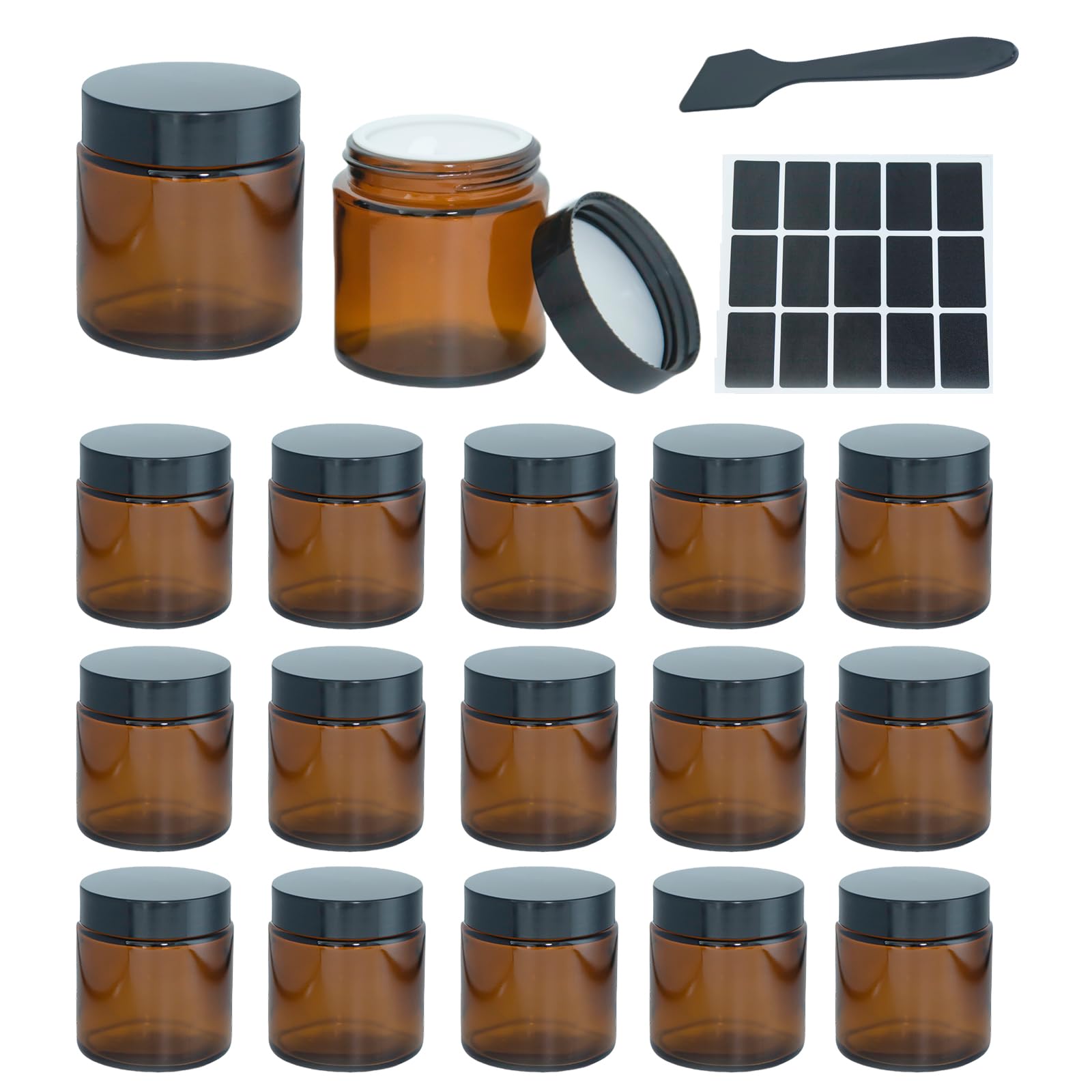 Lustervial 4oz Amber Glass Jars with Lids Black Label – 16 Pack Travel Cosmetic Containers
