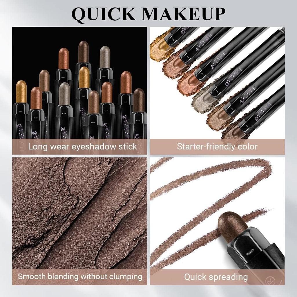 LUXAZA 6PCS Eyeshadow Stick Set – Brown & Grey Metallic & Matte Pencils, Waterproof & Long-Lasting