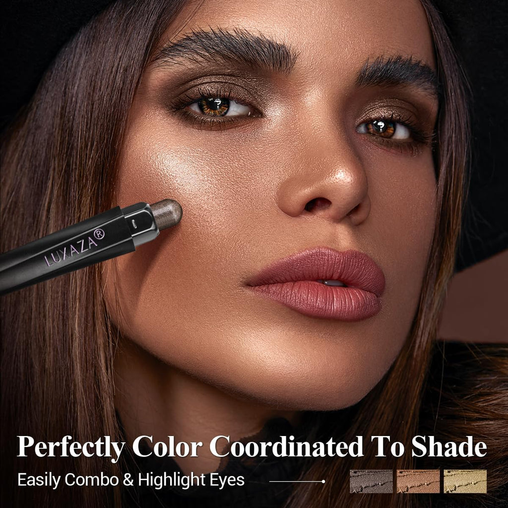 LUXAZA PRO Brown Eyeshadow Stick Set – 3pc Neutral Shimmer & Matte Cream Palette, Golden Glow