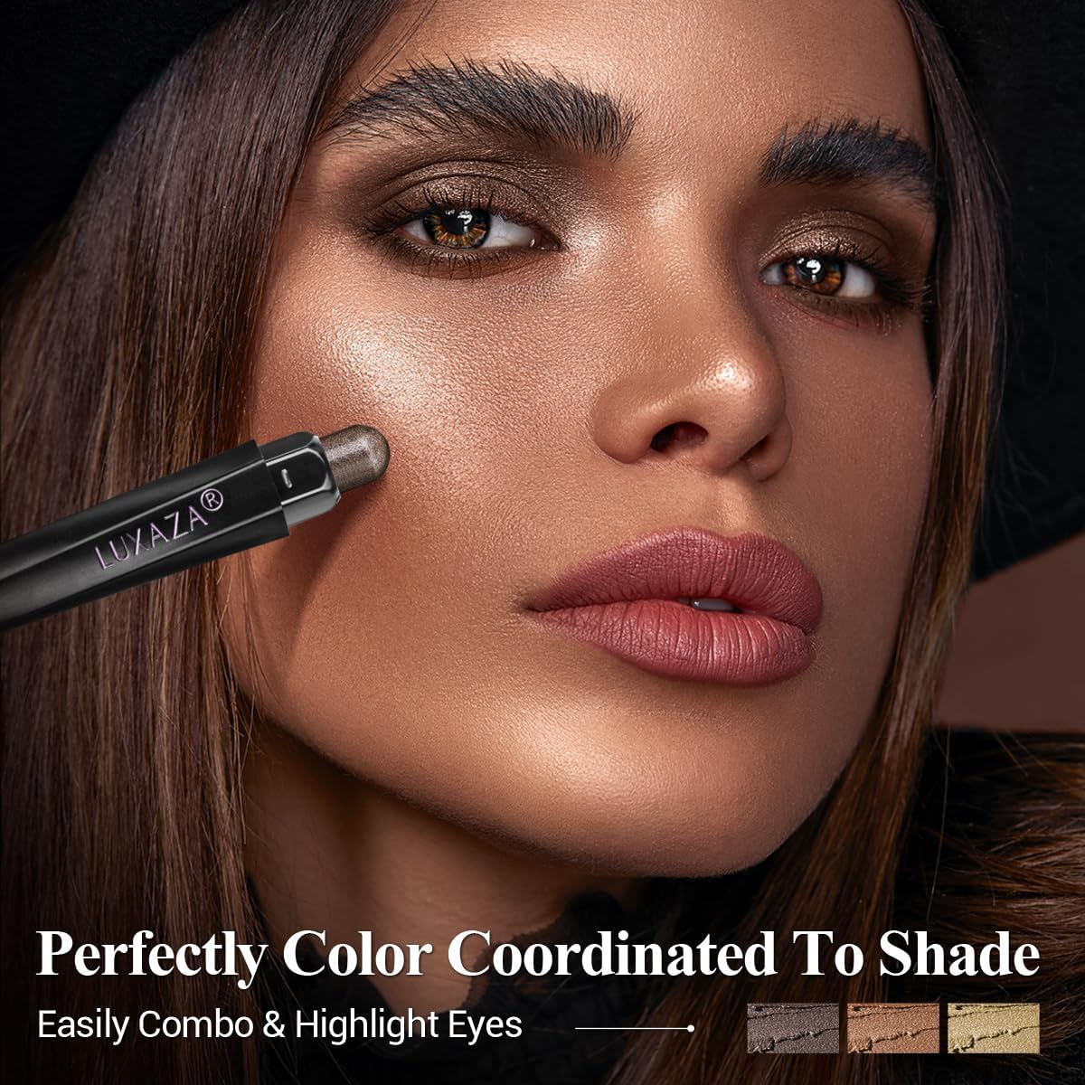 LUXAZA PRO Brown Eyeshadow Stick Set – 3pc Neutral Shimmer & Matte Cream Palette, Golden Glow