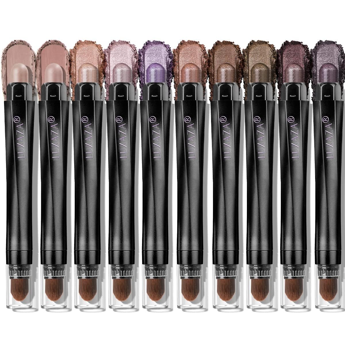 LUXAZA PRO Plum Eyeshadow Stick Set – 10pc Neutral Shimmer & Matte Cream Palette + Bronze Smoky Eyeliner Kit