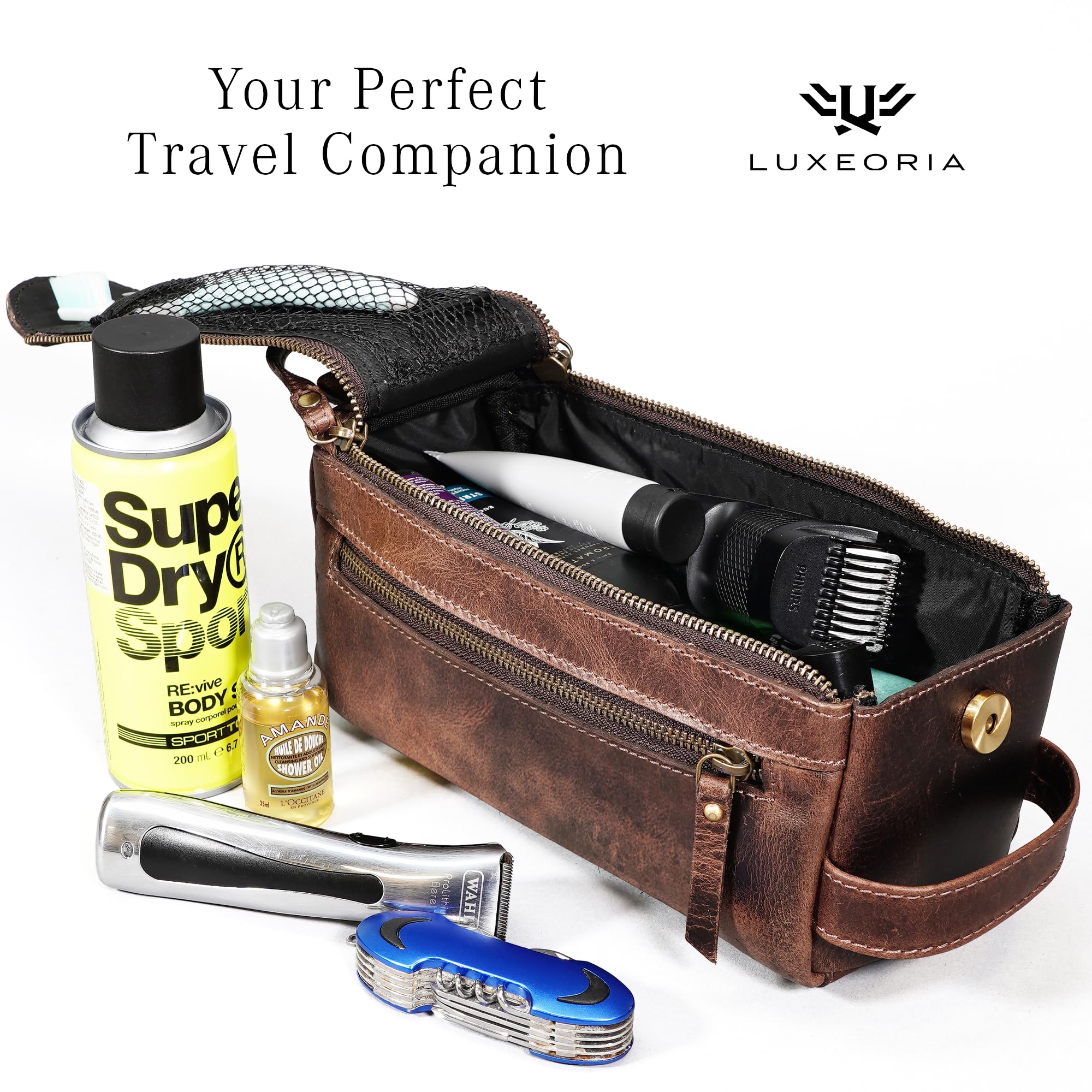 LUXEORIA Premium Handmade Leather Toiletry Bags for Men & Women | Chocolate Dopp Kit & Travel Cosmetic Bag
