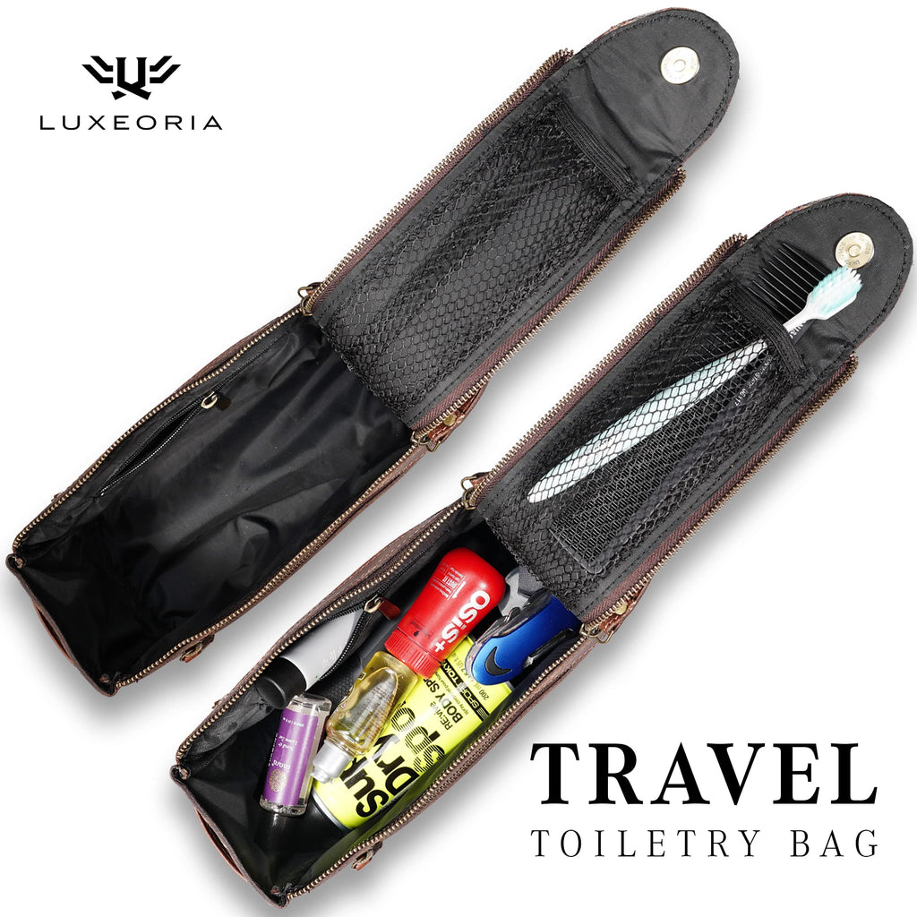 LUXEORIA Premium Handmade Leather Toiletry Bags for Men & Women | Chocolate Dopp Kit & Travel Cosmetic Bag