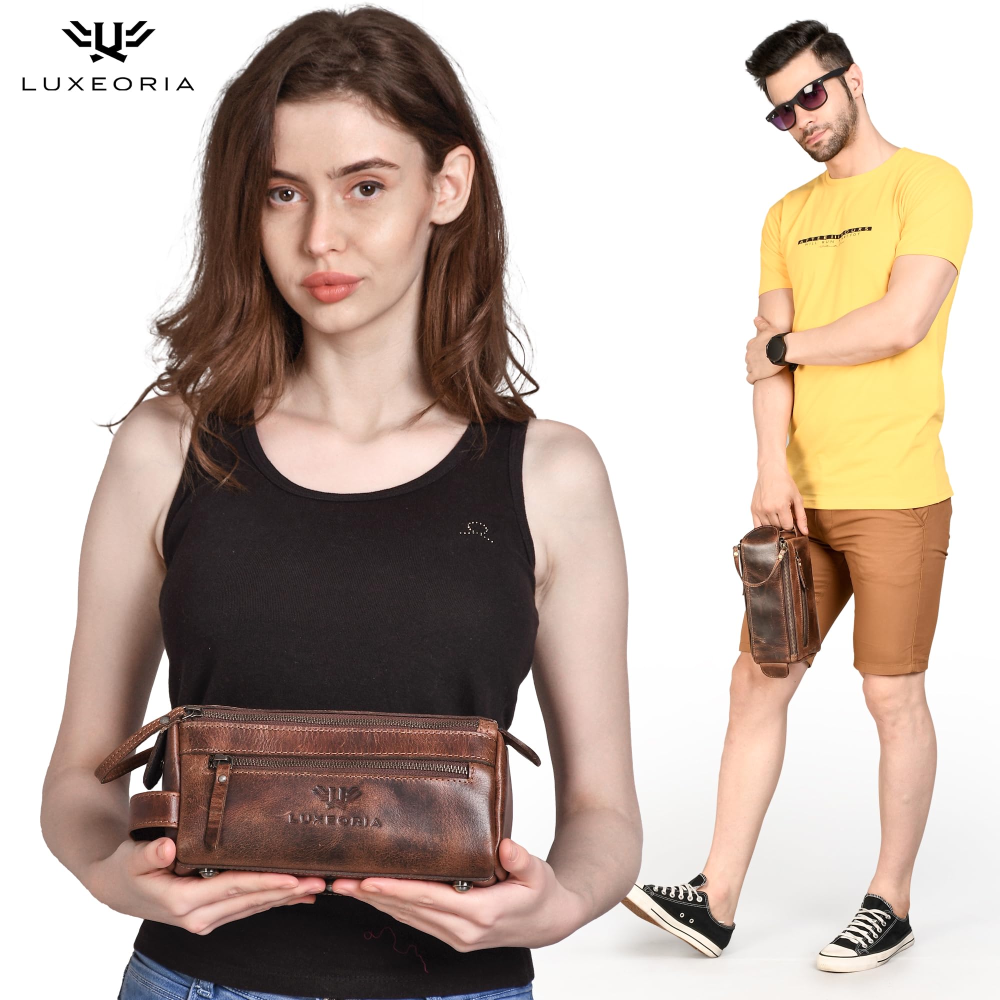 LUXEORIA Premium Handmade Leather Toiletry Bags for Men & Women | Chocolate Dopp Kit & Travel Cosmetic Bag
