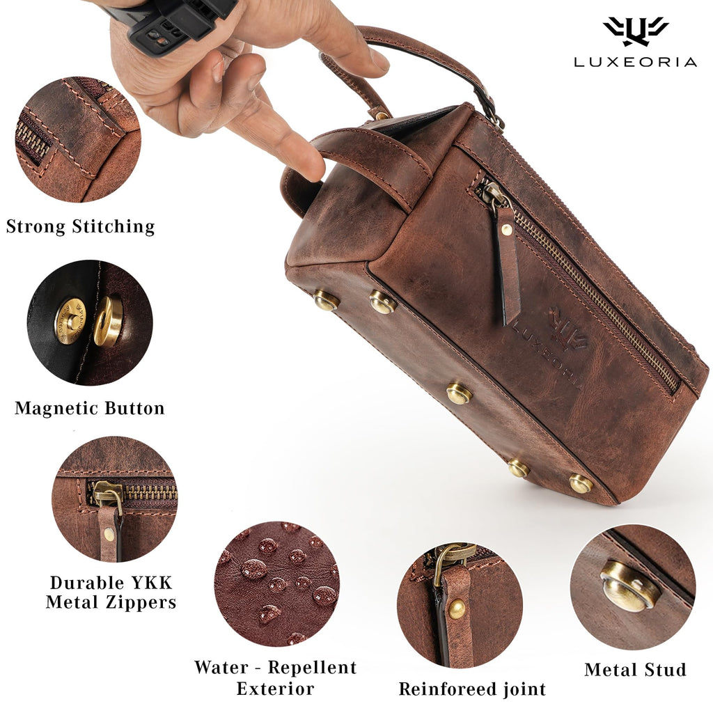 LUXEORIA Premium Handmade Leather Toiletry Bags for Men & Women | Chocolate Dopp Kit & Travel Cosmetic Bag
