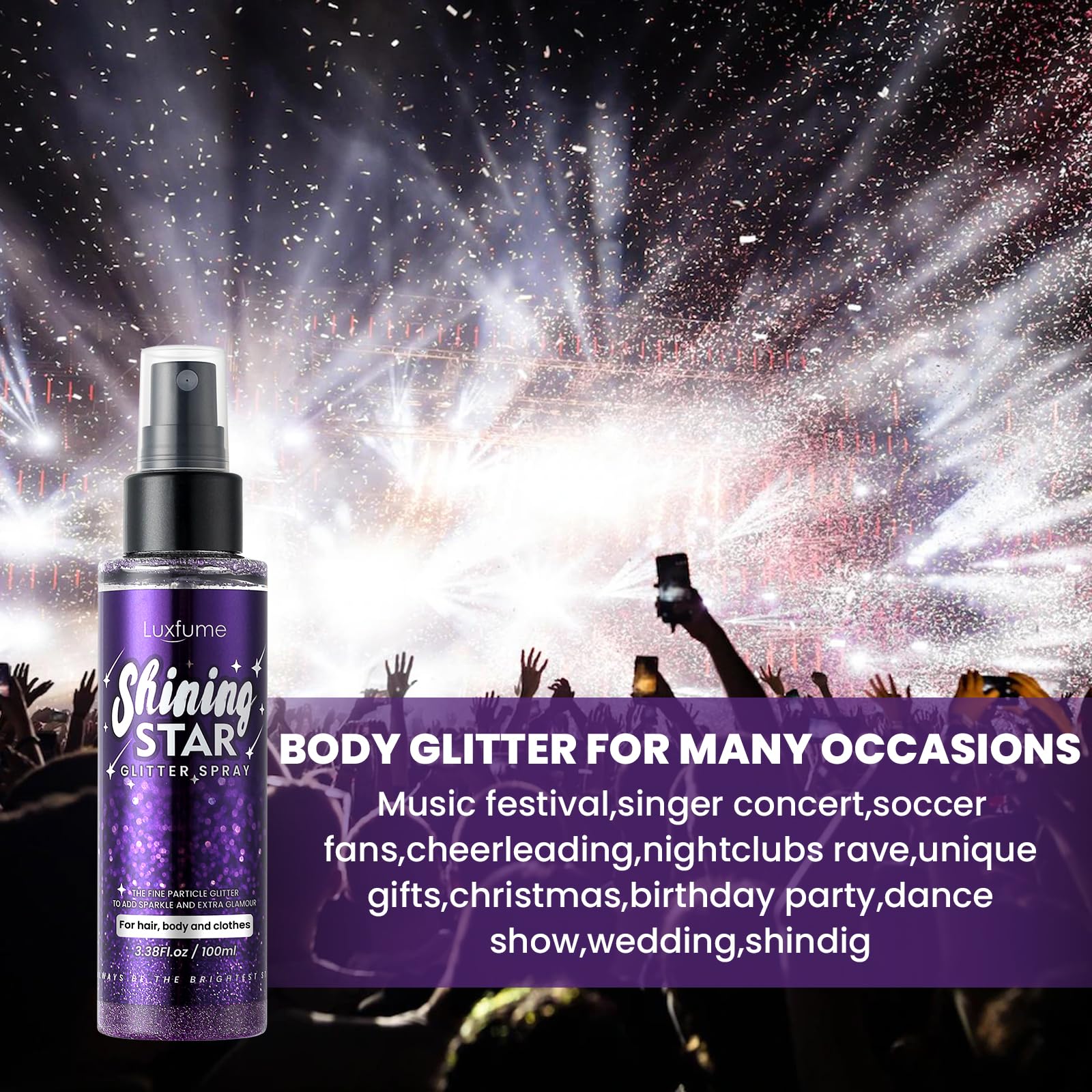 Luxfume Body Glitter Spray | Quick-Drying, Waterproof Glitter Hairspray for Stage Makeup, 3.38 oz