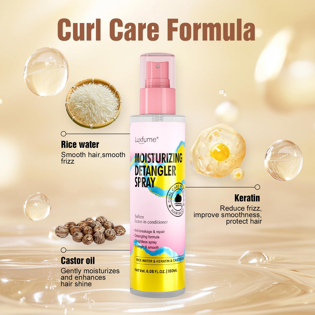 Luxfume Moisturizing Detangler Spray for Women – Curly Hair with Rice Water, Keratin & Castor Oil