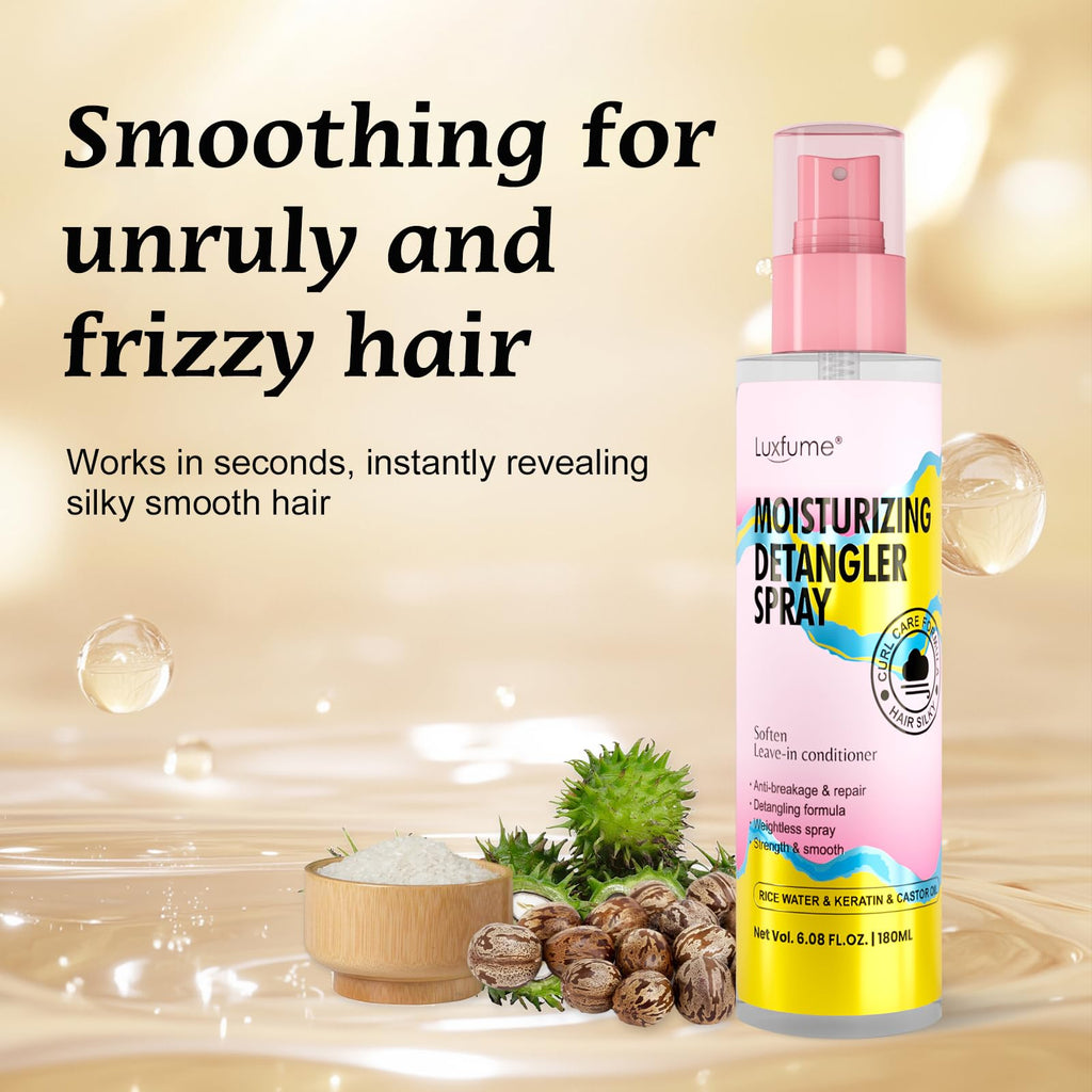 Luxfume Moisturizing Detangler Spray for Women – Curly Hair with Rice Water, Keratin & Castor Oil